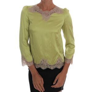 Dolce & Gabbana Lime Green Silk Blouse Lace Trim Women Green Tops & T-Shirts